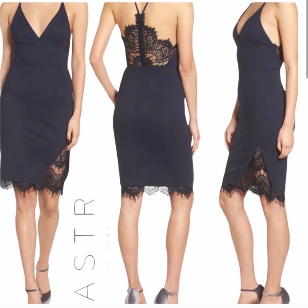 ASTR Navy Blue Lace-Trim V-Neck Cocktail Dress